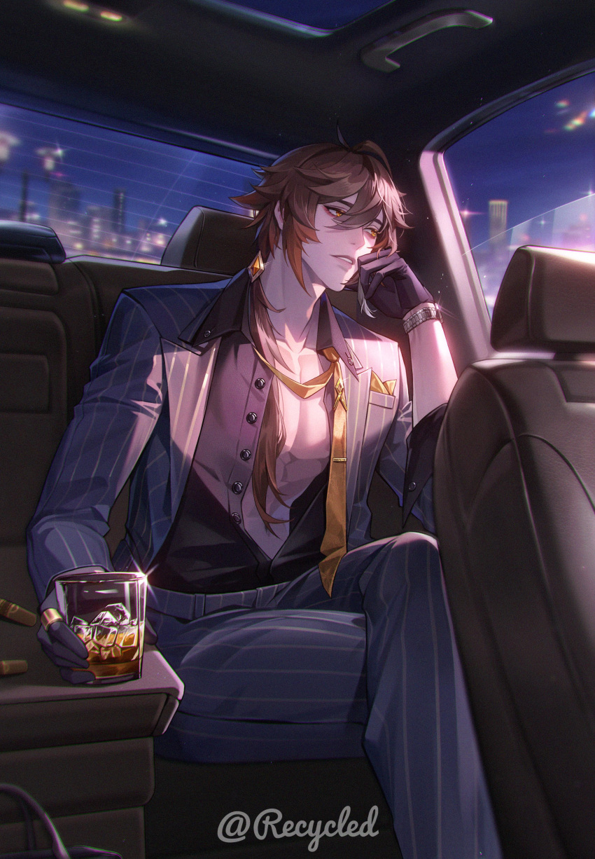 1boy, absurdres, alcohol, antenna_hair, black_gloves, black_shirt, blurry, blurry_background, breast_pocket, brown_eyes, brown_hair, car_interior, cigar, city, collarbone, collared_shirt, commentary, crossed_legs, cup, dress_shirt, drink, earrings, english_commentary, eyelashes, gem, genshin_impact, glint, gloves, grey_jacket, grey_pants, hair_between_eyes, hair_ornament, hair_over_shoulder, highres, holding, holding_cup, ice, ice_cube, jacket, jewelry, lapels, light_particles, long_hair, long_sleeves, low_ponytail, male_focus, necktie, night, open_clothes, open_jacket, open_shirt, orange_gemstone, orange_necktie, pants, parted_lips, pectoral_cleavage, pectorals, pinstripe_pattern, pocket, pocket_square, ponytail, recycled, ring, shirt, shirt_tucked_in, sidelocks, sideways_glance, single_earring, sitting, solo, striped, striped_jacket, striped_pants, tie_clip, tumbler_glass, undone_necktie, vertical-striped_jacket, vertical-striped_pants, vertical_stripes, watch, watch, window, wing_collar, zhongli_(genshin_impact)
