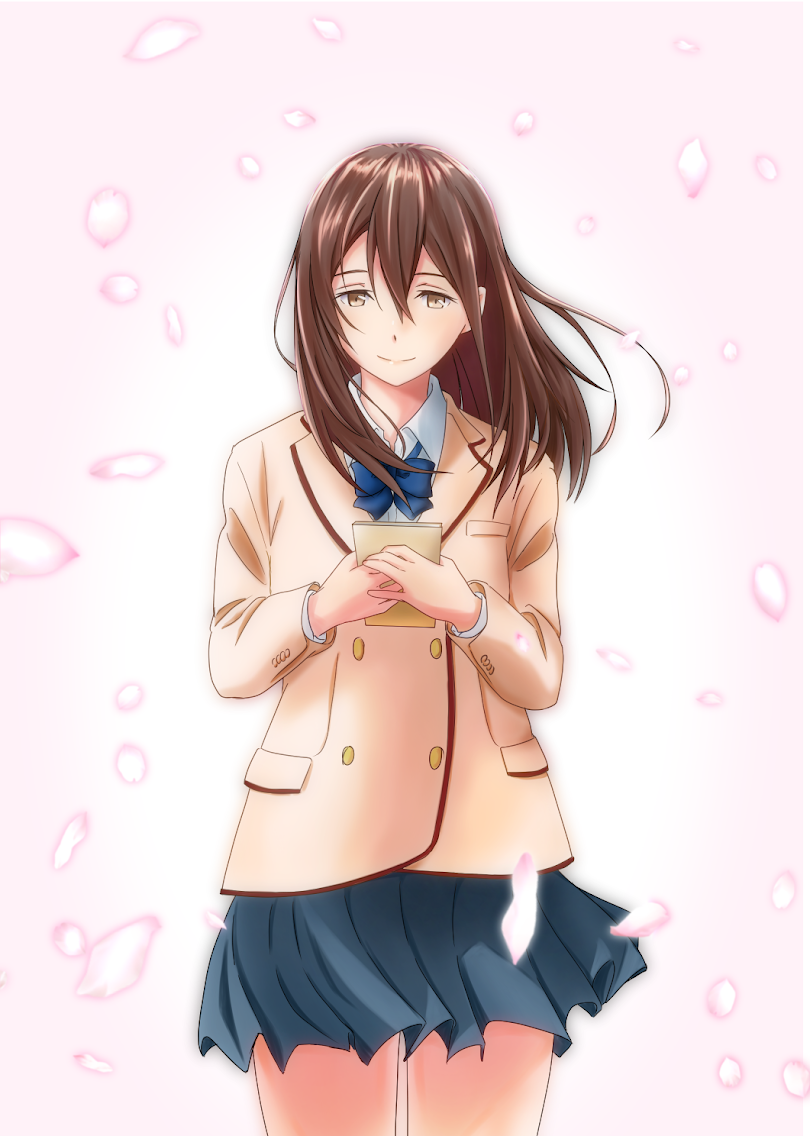 1girl, blue_bow, blue_bowtie, blue_skirt, bow, bowtie, brown_eyes, brown_hair, brown_jacket, closed_mouth, collared_shirt, cowboy_shot, holding, holding_notebook, jacket, kimi_no_suizou_wo_tabetai, long_hair, looking_at_viewer, notebook, petals, pink_background, pleated_skirt, shirt, skirt, smile, solo, split_mouth, take20131004, white_shirt, yamauchi_sakura