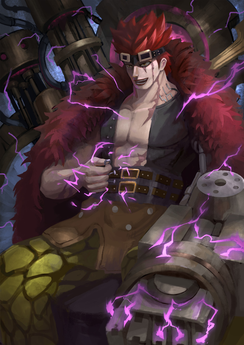 1boy, absurdres, eustass_kid, fur_trim, goggles, goggles_on_head, highres, male_focus, norman_suarno, one_piece, open_mouth, pectorals, realistic, red_lips, redhead, scar, scar_across_eye, scar_on_face, short_hair, sitting, smile, solo, teeth, washer, yellow_eyes