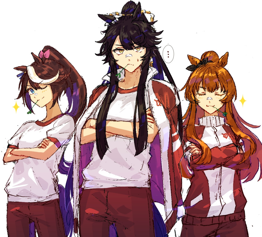 ..., 3girls, alternate_costume, animal_ears, black_bow, black_hair, blue_eyes, bow