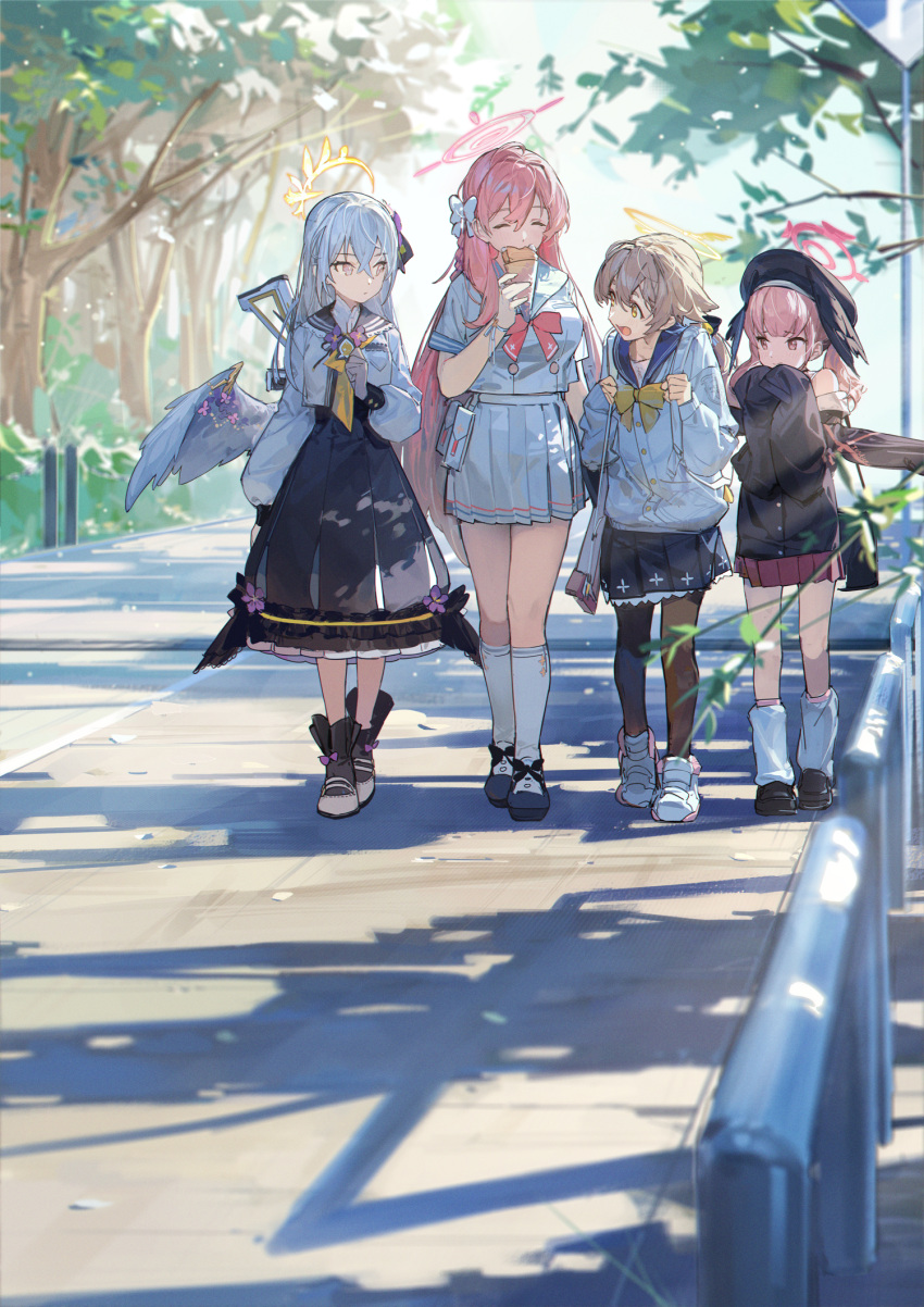 4girls, assault_rifle, azusa_(blue_archive), beret, black_footwear, black_handwear, black_pantyhose, black_serafuku