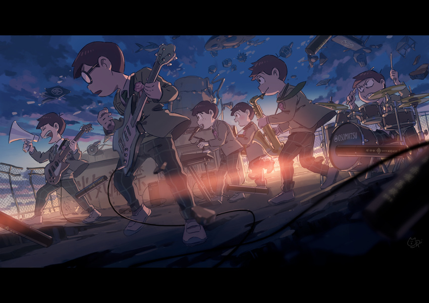 6+boys, book, brothers, desk, drum, drum_set, electric_guitar, fish