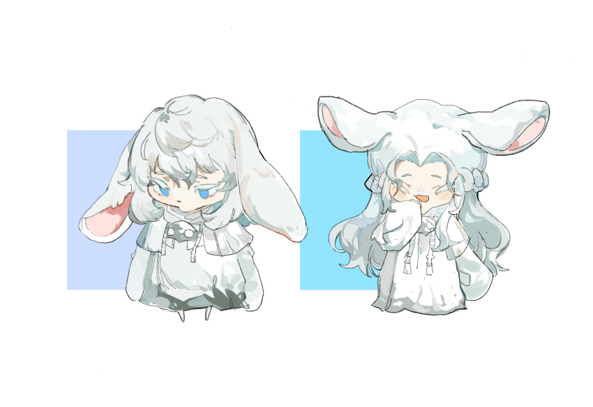 1boy, 1girl, ^_^, animal_ears, blue_eyes, braid, capelet, chibi