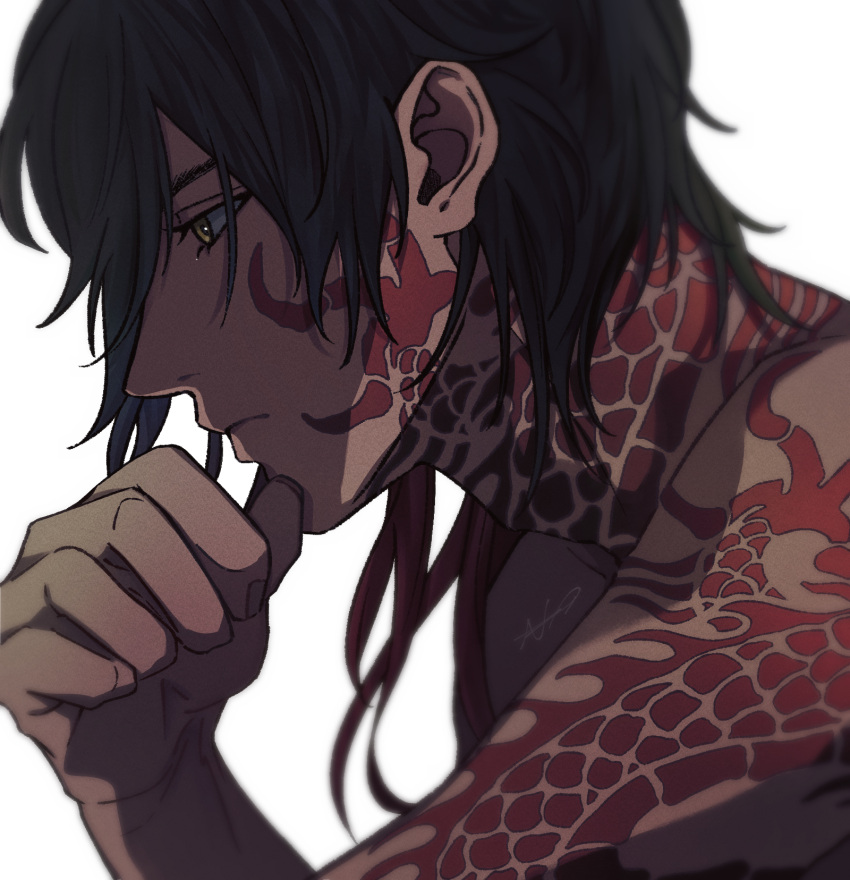 1boy, adam's_apple, backlighting, black_hair, blurry_edges, closed_mouth, dark-skinned_male, dark_skin, dragon_tattoo, expressionless, from_side, gradient_hair, hair_between_eyes, hand_on_own_chin, highres, long_bangs, looking_ahead, male_focus, multicolored_hair, ookurikara, redhead, short_hair, signature, simple_background, solo, sytir, tattoo, topless_male, touken_ranbu, upper_body, white_background, yellow_eyes