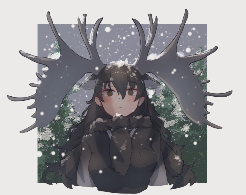 1girl, animal_ears, antlers, blush, brown_eyes, brown_hair, brown_scarf, brown_sweater