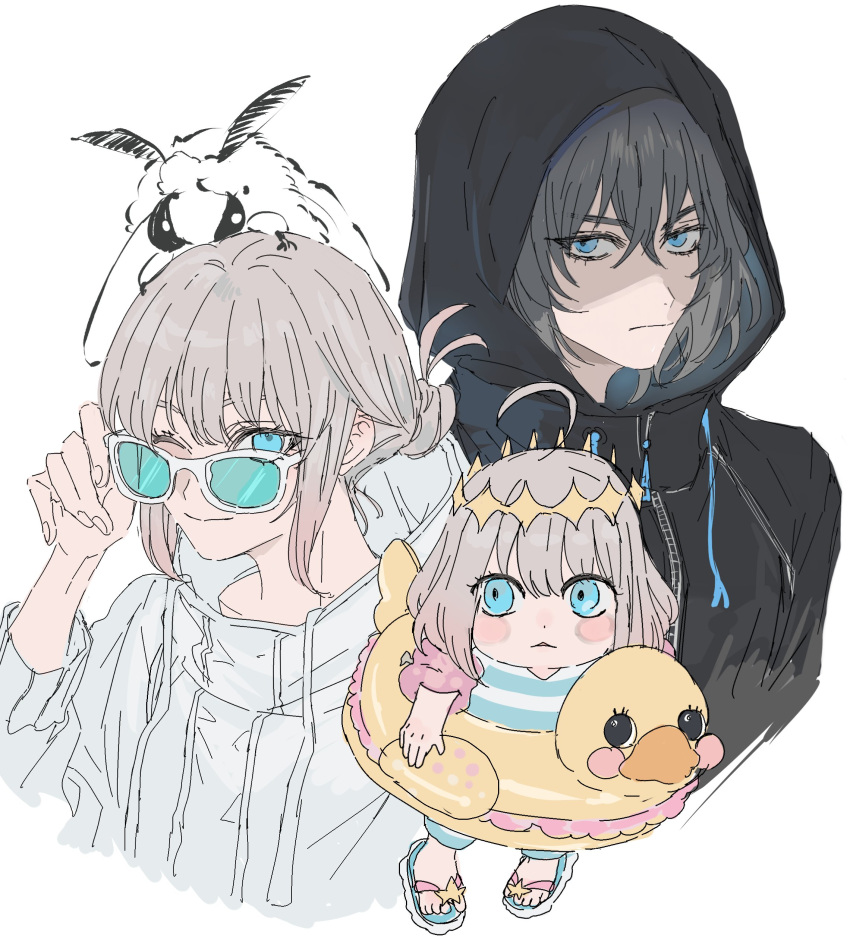 1boy, absurdres, aged_down, animal_on_head, black_hair, black_hoodie, blue-tinted_eyewear, blue_eyes