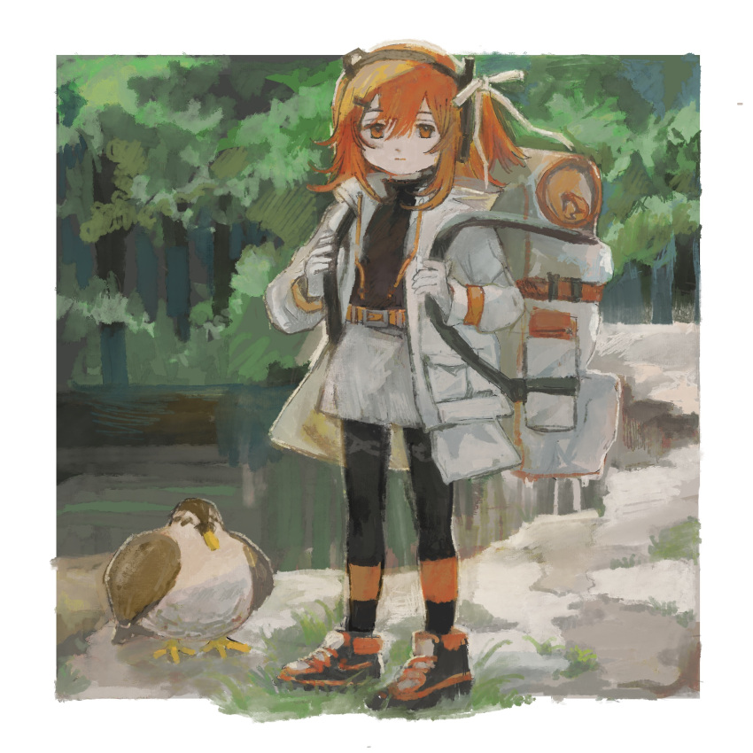 1girl, a.i._voice, adachi_rei, backpack, bag, belt, bird, black_leggings