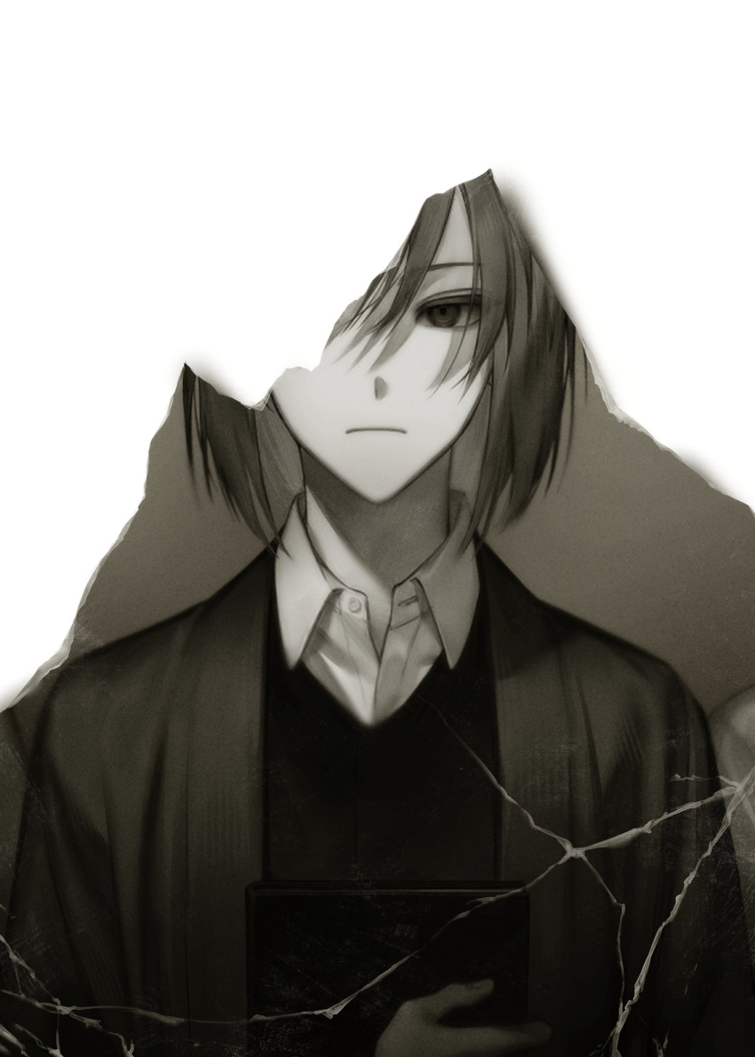 1boy, absurdres, book, collared_shirt, commentary, harada_mutei, highres, holding, holding_book, jacket, kng_roo, korean_commentary, looking_at_viewer, male_focus, open_clothes, open_jacket, saibou_shinkyoku, sepia, shirt, short_hair, solo, torn, upper_body, vest