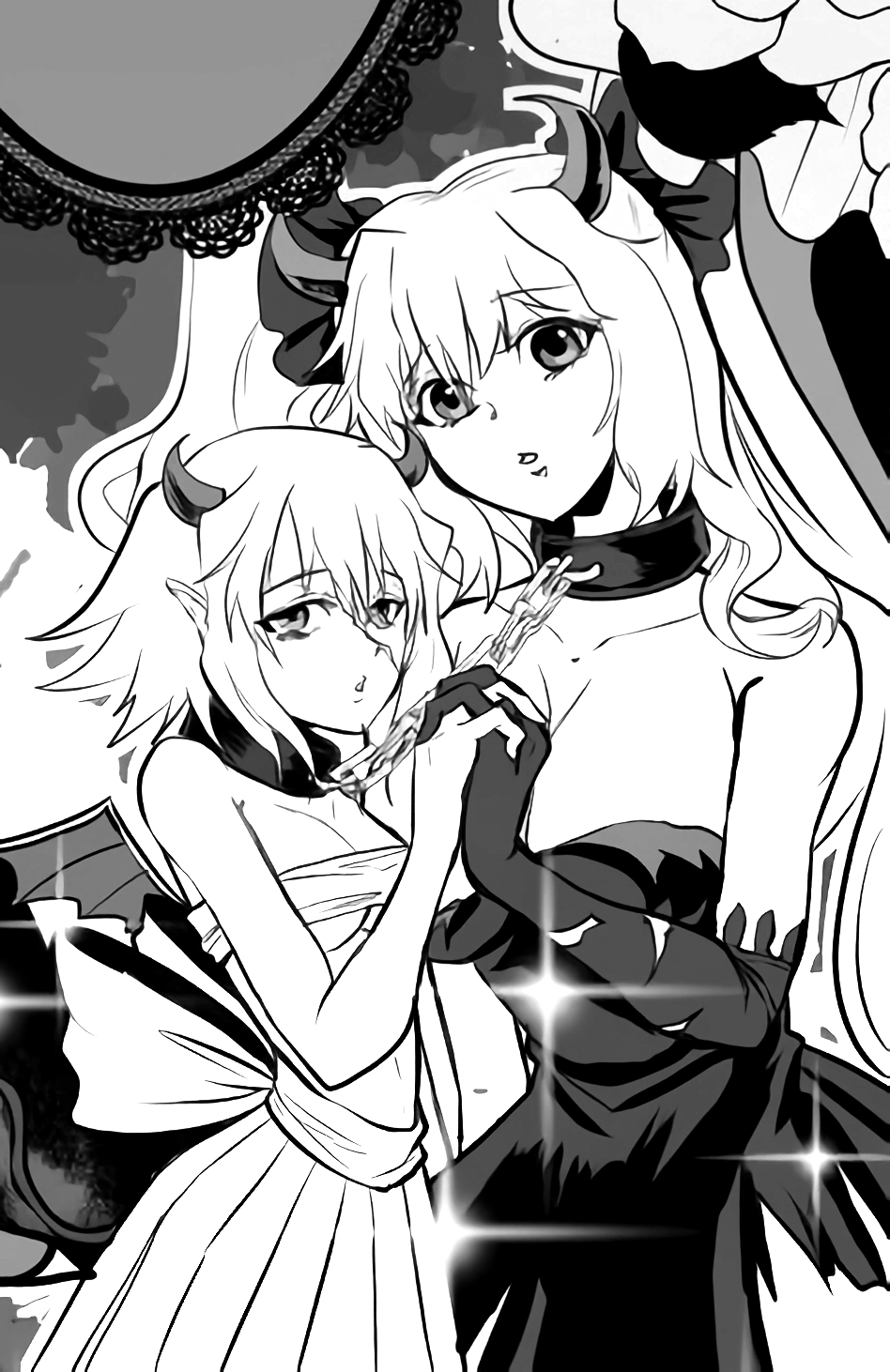2girls, abayan, anne_bonny_(fate), breasts, collar, fate/grand_order, fate_(series), greyscale