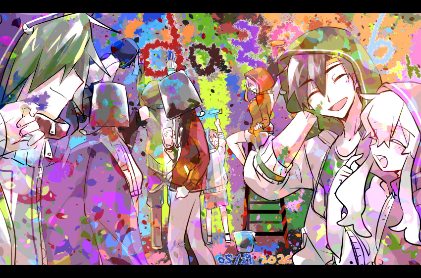 4girls, 5boys, amamiya_hibiya, anniversary, aqua_background, aqua_jacket, bangs_pinned_back, black_footwear