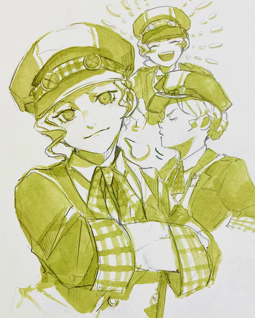 1girl, absurdres, ace_attorney, cabbie_hat, closed_eyes, closed_mouth, collared_shirt, crossed_arms, gina_lestrade, hat, highres, jacket, monochrome, multiple_views, necktie, open_mouth, sasatake_(sasatakebe), shirt, short_hair, smile, the_great_ace_attorney, traditional_media, upper_body
