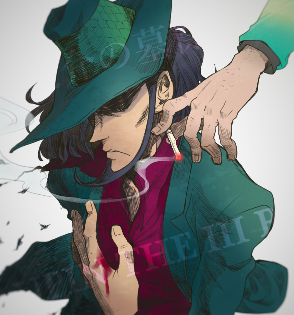 1boy, arsene_lupin_iii, black_hair, blood, blood_on_hands, cigarette, collared_shirt, copyright_name
