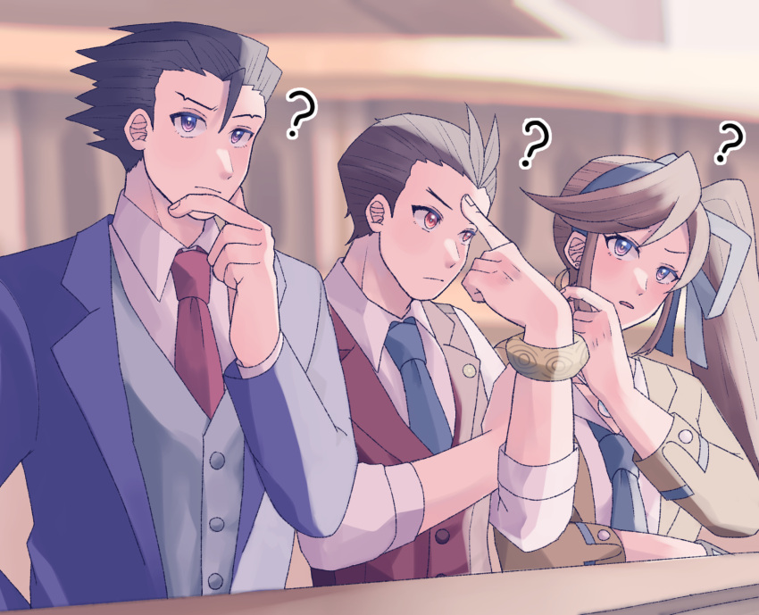 1girl, 2boys, ?, ace_attorney, antenna_hair, apollo_justice, athena_cykes, black_hair