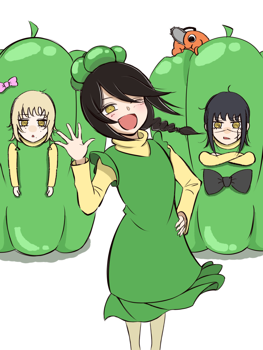 3girls, arima_kana, arima_kana_(cosplay), bell_pepper, black_hair, blonde_hair, bow, bowtie