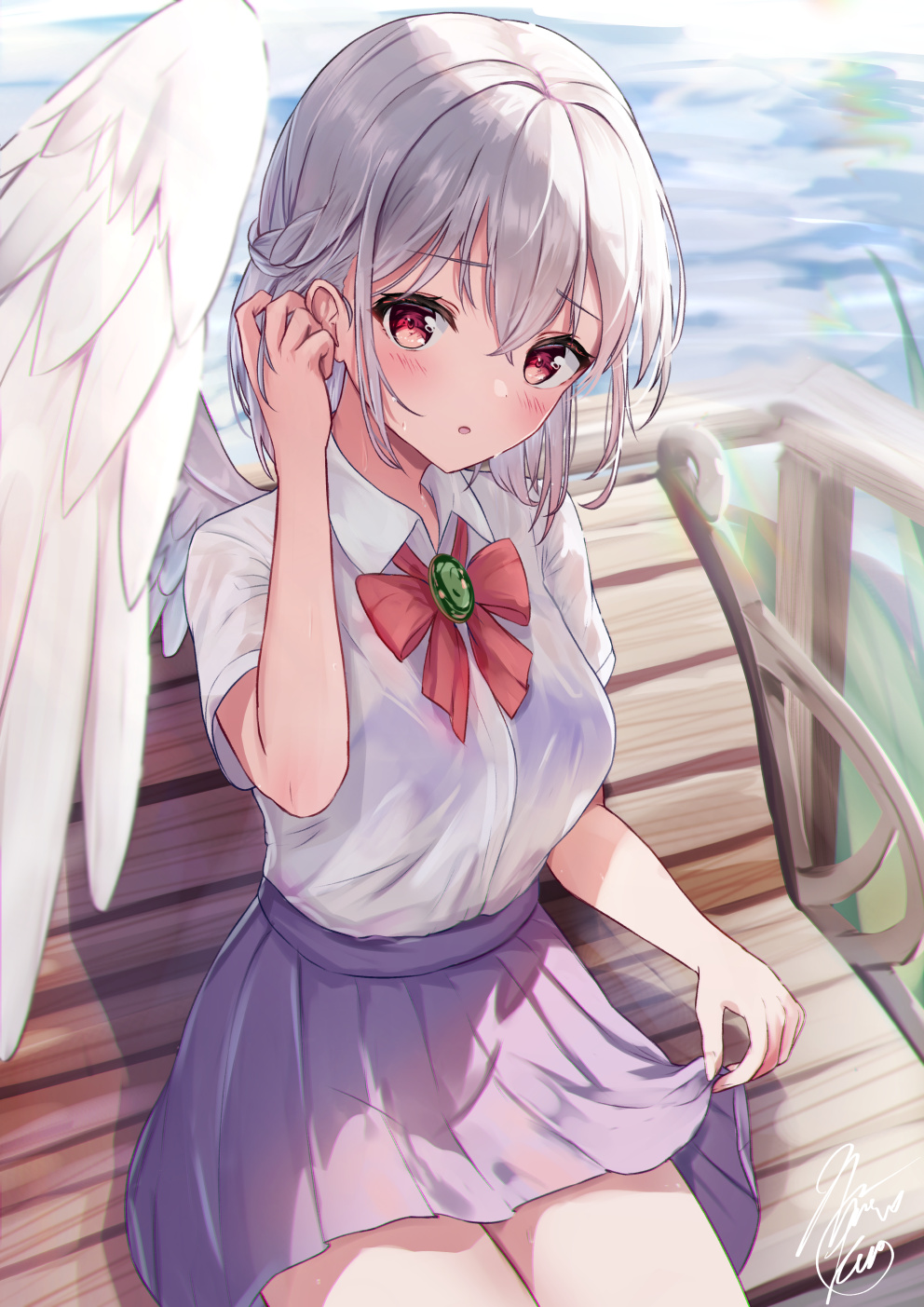 1girl, bench, blush, collared_shirt, cowboy_shot, feathered_wings, grey_hair, hair_between_eyes