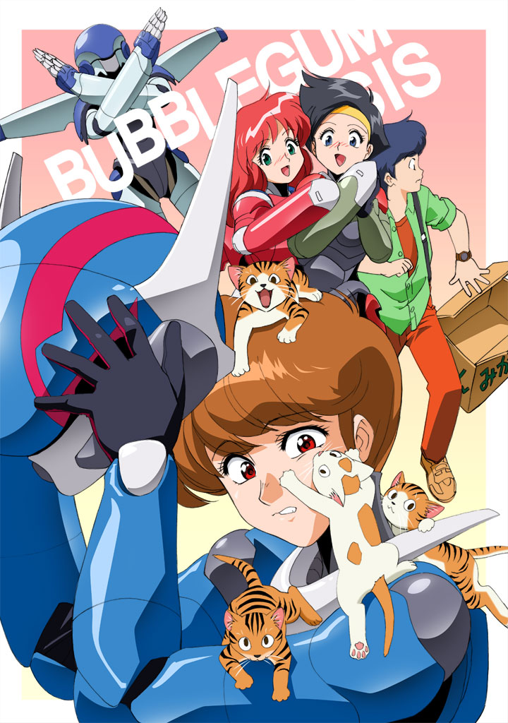 armor, black_hair, blue_eyes, blue_hair, blush, box, brown_hair, bubblegum_crisis