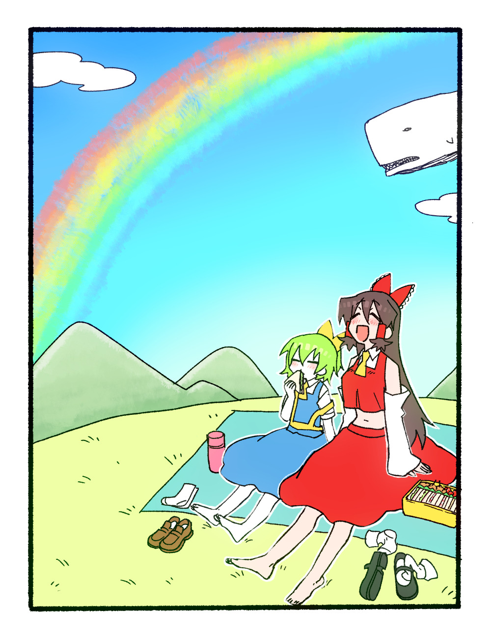 2girls, :d, ascot, barefoot, bento, black_footwear, blue_skirt, blue_sky, blue_vest, blush, border, bow, brown_footwear, brown_hair, closed_eyes, clouds, collared_shirt, colored_skin, commentary_request, cookie_(touhou), daiyousei, day, detached_sleeves, diyusi_(cookie), eating, food, frilled_bow, frills, full_body, gedougawa, grass, green_hair, hair_between_eyes, hair_bow, hair_tubes, hakurei_reimu, highres, hill, holding, holding_food, loafers, long_bangs, long_hair, mountain, multiple_girls, navel, noel_(cookie), off_(game), offside:_diyusi, open_mouth, outdoors, picnic, rainbow, red_bow, red_shirt, red_skirt, sandwich, shirt, shoes, sidelocks, sitting, skirt, sky, sleeveless, sleeveless_shirt, smile, socks, socks_removed, touhou, vest, whale, whale_(off), white_border, white_skin, white_sleeves, white_socks, yellow_ascot
