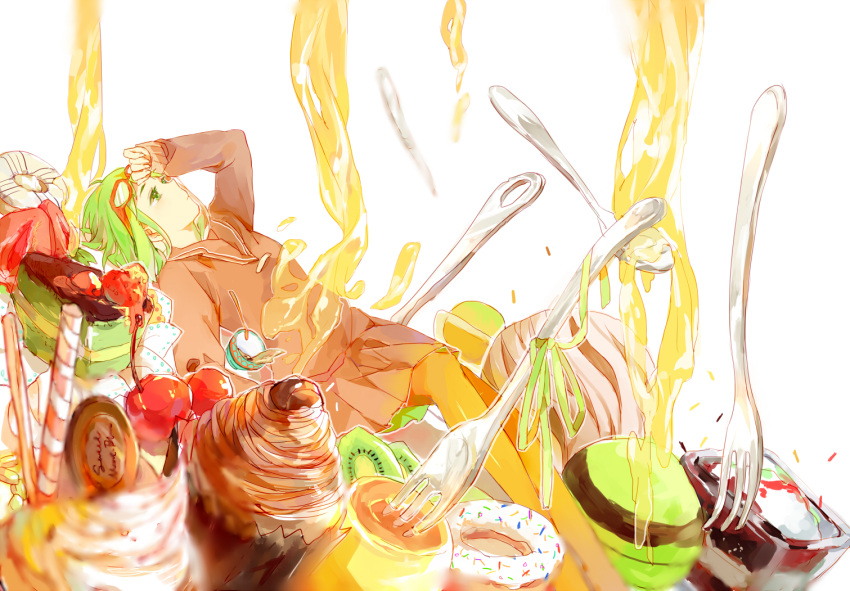 1girl, black_serafuku, closed_mouth, dessert, doughnut, eyewear_on_head, food, food_request