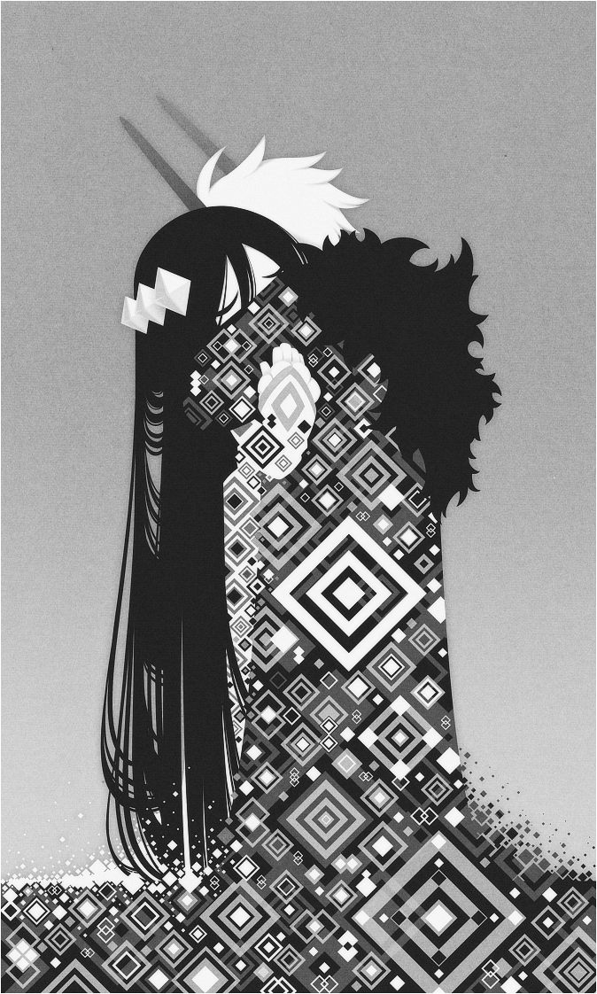 1boy, 1girl, androgynous, arms_around_neck, black_hair, cape, closed_eyes, couple, demon_boy, etihw_(haiiro_teien), funamusea, fur-trimmed_cape, fur_trim, greyscale, haiiro_teien, hair_ornament, horns, hug, kcalb_(haiiro_teien), long_hair, mogeko_(okegom), monochrome, official_alternate_hair_length, official_alternate_hairstyle, official_art, short_hair, very_long_hair, white_hair