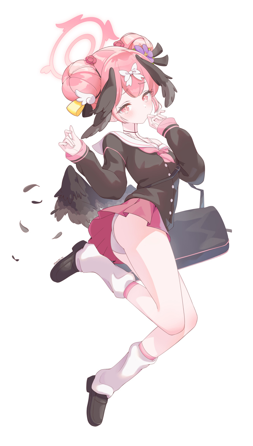 1girl, absurdres, artist_name, bag, bare_shoulders, black_hairband, black_wings, blue_archive
