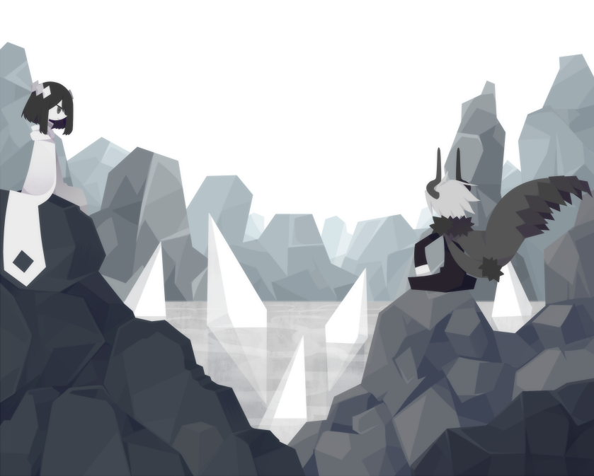 1boy, 1girl, androgynous, black_hair, black_sclera, cape, colored_sclera, demon_boy