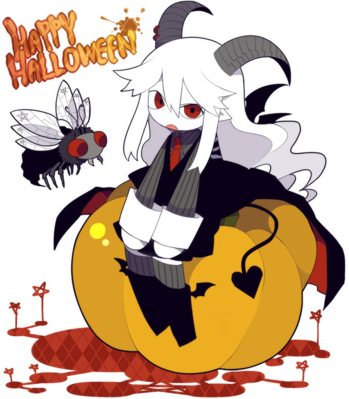 1girl, bug, demon_girl, demon_horns, demon_wings, formal, funamusea, haiiro_teien, hair_between_eyes, halloween, happy_halloween, horn_piercing, horns, long_hair, long_sleeves, looking_at_viewer, mogeko_(okegom), necktie, open_mouth, pale_skin, pumpkin, red_eyes, red_necktie, reficul_(haiiro_teien), shirt, skirt, solo, suit, tail, vest, white_hair, wings