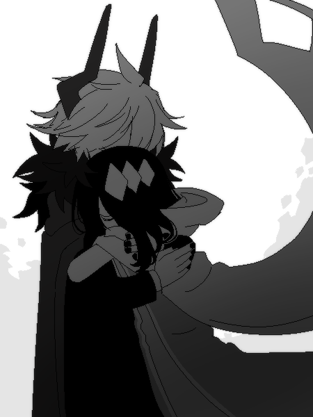 1boy, 1girl, androgynous, black_hair, cape, closed_eyes, couple, demon_boy, dress, etihw_(haiiro_teien), funamusea, greyscale, haiiro_teien, hair_ornament, horns, hug, kcalb_(haiiro_teien), long_hair, long_sleeves, mogeko_(okegom), monochrome, short_hair, white_hair