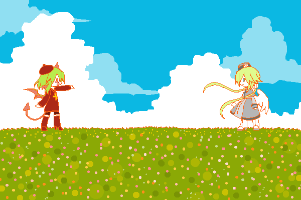 2girls, angel_wings, blonde_hair, blue_eyes, boots, clouds, cloudy_sky, cross