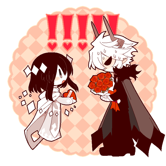 1boy, 1girl, androgynous, black_hair, black_sclera, blush, bouquet, box