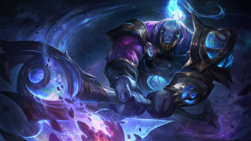 1boy, absurdres, armor, blue_eyes, colored_skin, constellation, cosmic_paladin_sion, english_commentary