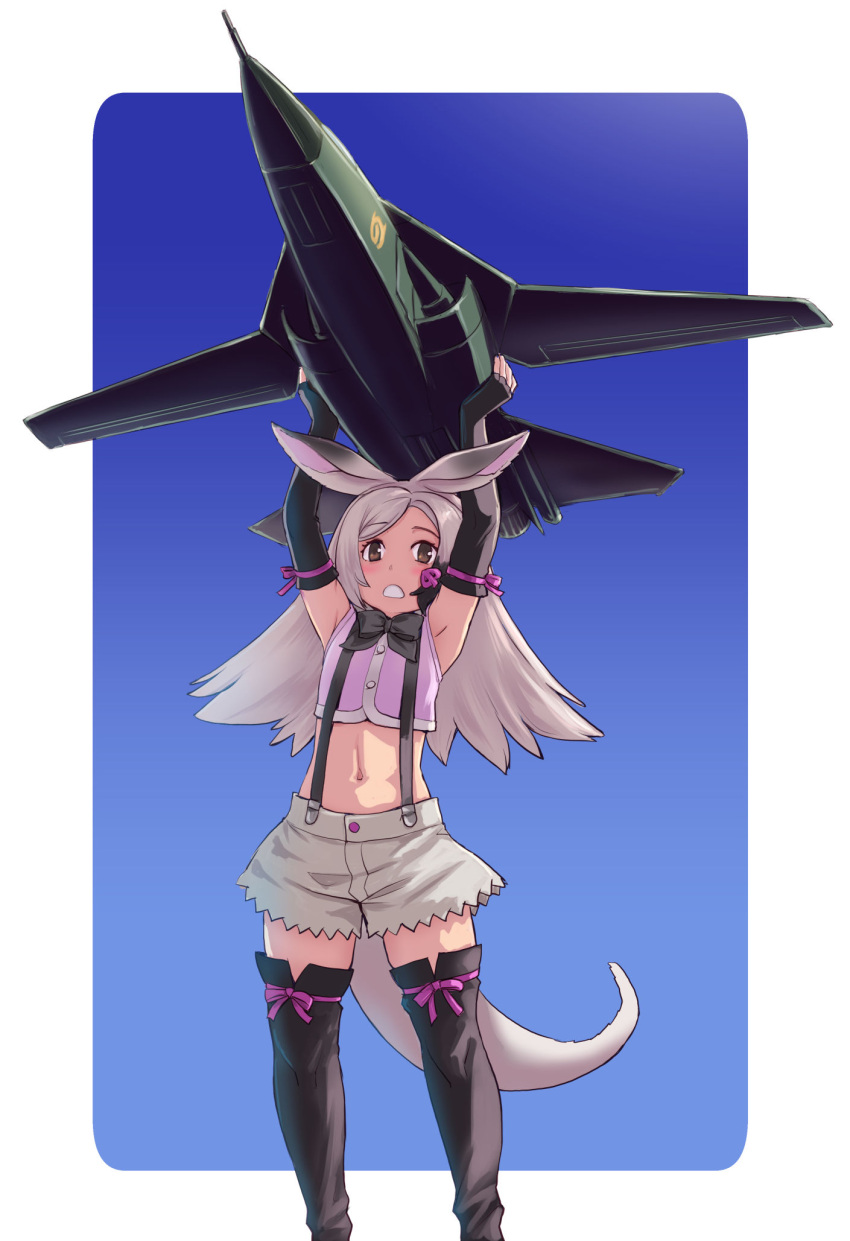 1girl, aardvark_(kemono_friends), animal_ears, bare_shoulders, black_bow, black_bowtie, black_gloves, black_thighhighs, bow, bowtie, crop_top, elbow_gloves, f-111_aardvark, fighter_plane, fingerless_gloves, gloves, grey_hair, grey_shorts, highres, kemono_friends, kosai_takayuki, long_hair, midriff, multicolored_hair, navel, pink_shirt, shirt, short_shorts, shorts, skirt, sleeveless, solo, suspender_skirt, suspenders, tail, thigh-highs, white_hair