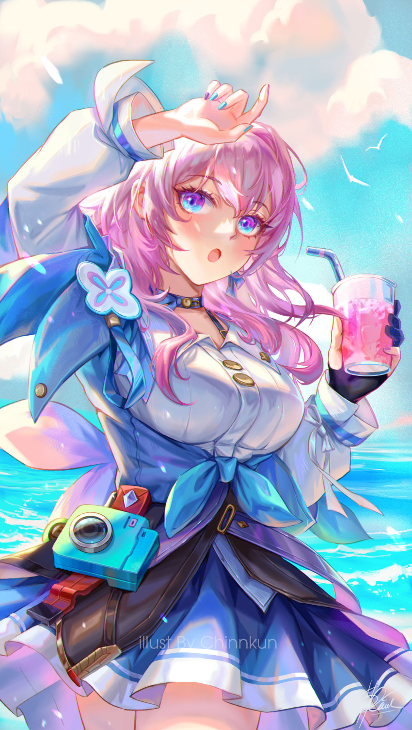 1girl, :o, absurdres, archery_shooting_glove, arm_up, artist_name, badge, bird
