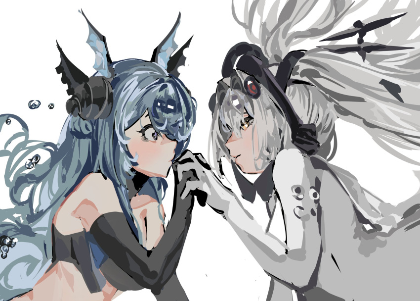 2girls, air_bubble, black_bra, black_gloves, blue_eyes, blue_hair, bodysuit, bra