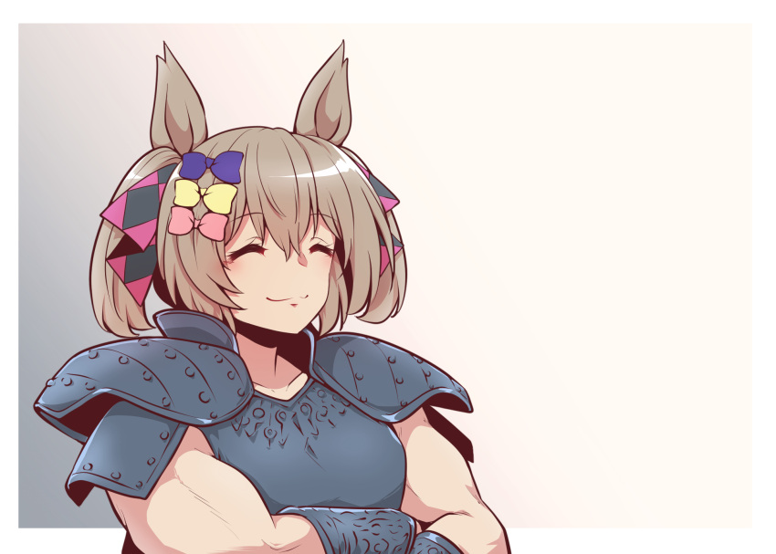 1girl, alternate_muscle_size, animal_ears, argyle, argyle_bow, armor, black_bow, bow