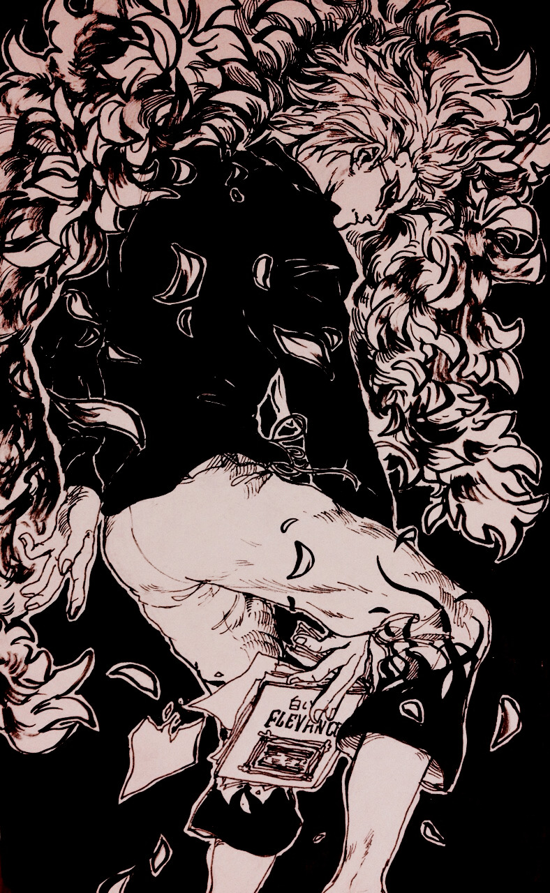 1boy, arm_behind_back, black_background, black_shirt, blonde_hair, book, capri_pants, closed_mouth, donquixote_doflamingo, drjjn, english_text, feather_coat, feathers, feet_out_of_frame, highres, holding, holding_book, looking_down, male_focus, monochrome, one_piece, pants, shirt, short_hair, sunglasses