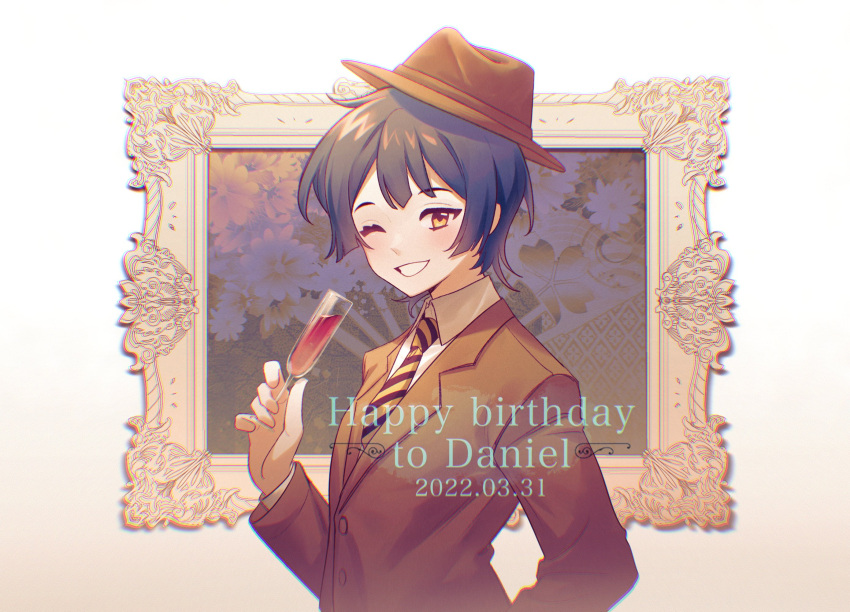 1boy, as-zero, blue_hair, brown_headwear, brown_jacket, champagne_flute, character_name, commentary