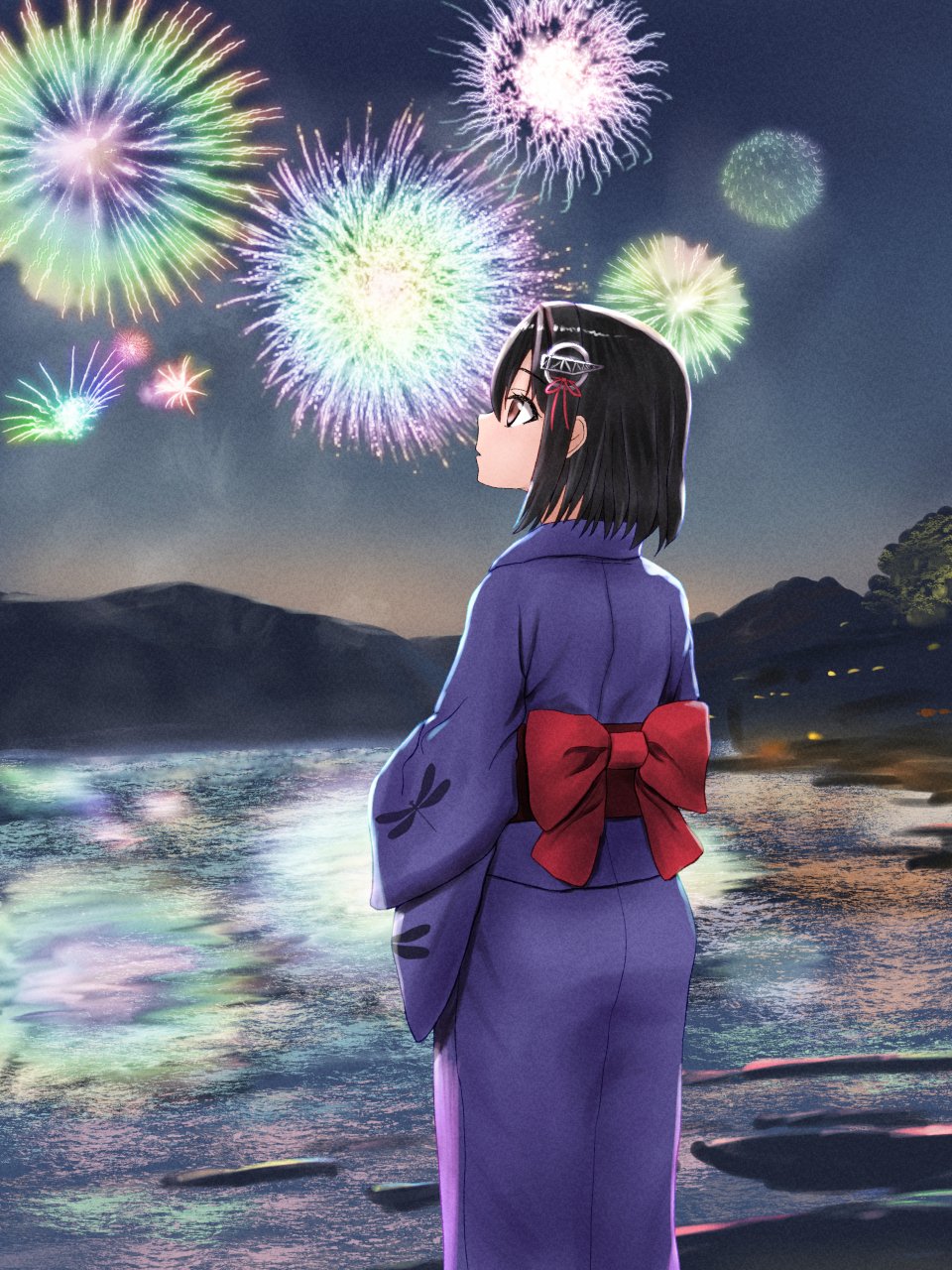 1girl, alternate_costume, beach, black_hair, blue_kimono, bob_cut, brown_eyes, fireworks