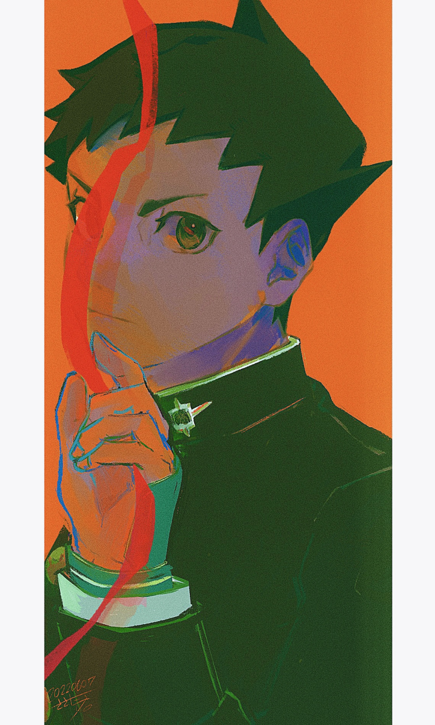 1boy, ace_attorney, black_eyes, black_hair, black_jacket, border, closed_mouth, commentary_request