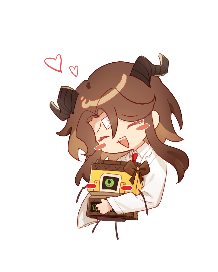 1girl, :3, as-zero, brown_hair, closed_eyes, coat, heart, horns