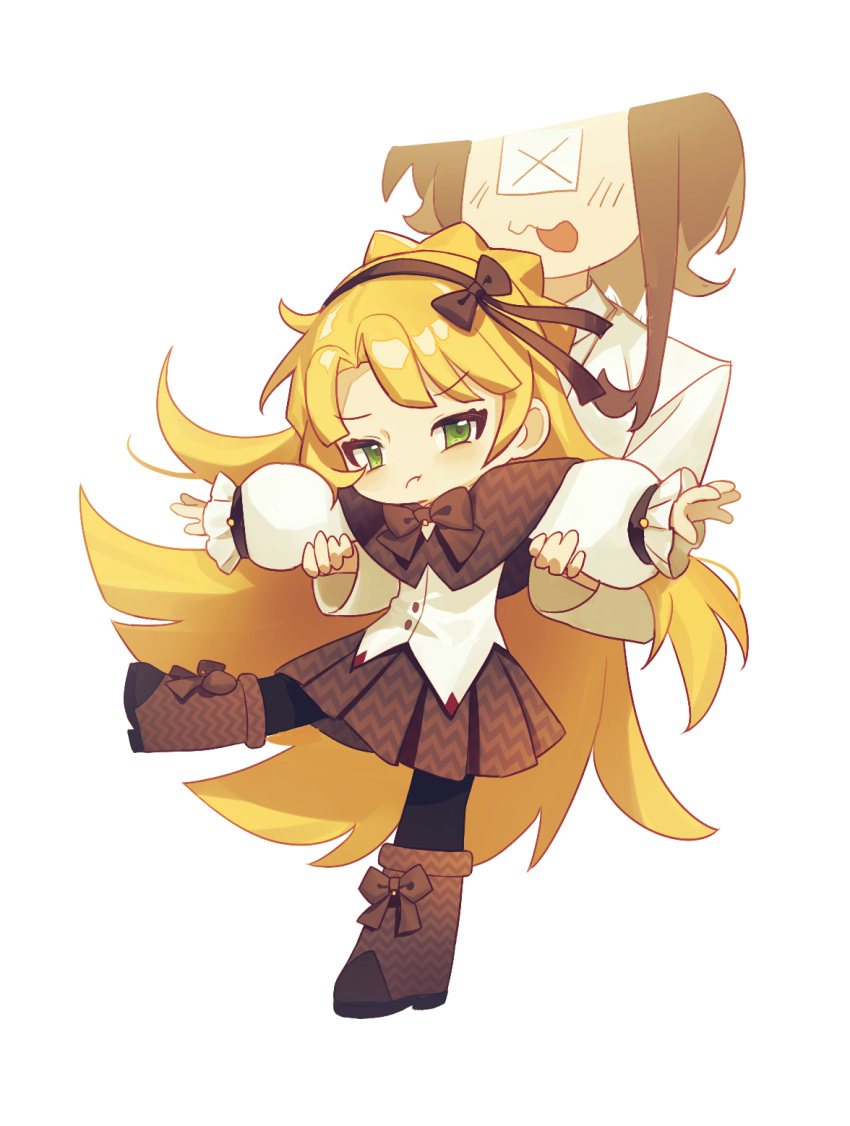 2girls, as-zero, black_pantyhose, blonde_hair, boots, bow, bowtie, braid