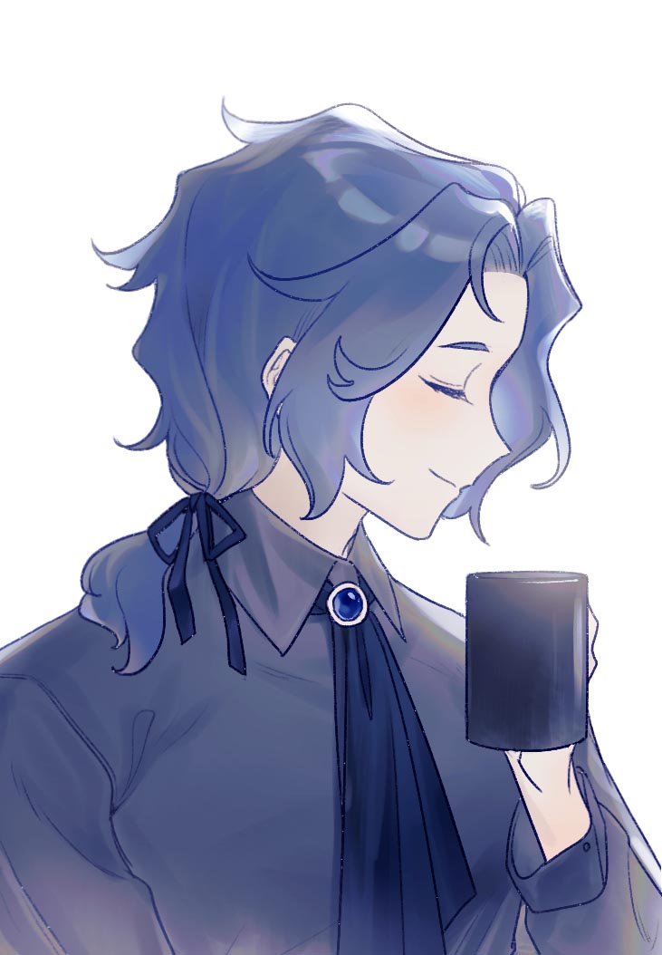 1boy, as-zero, ascot, blue_ascot, blue_gemstone, blue_hair, blue_ribbon, blue_shirt