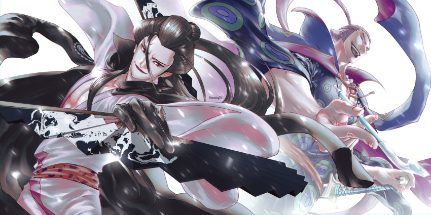 2boys, artist_name, black_cape, black_hair, blue_hair, bubble_pipe, cape, closed_mouth