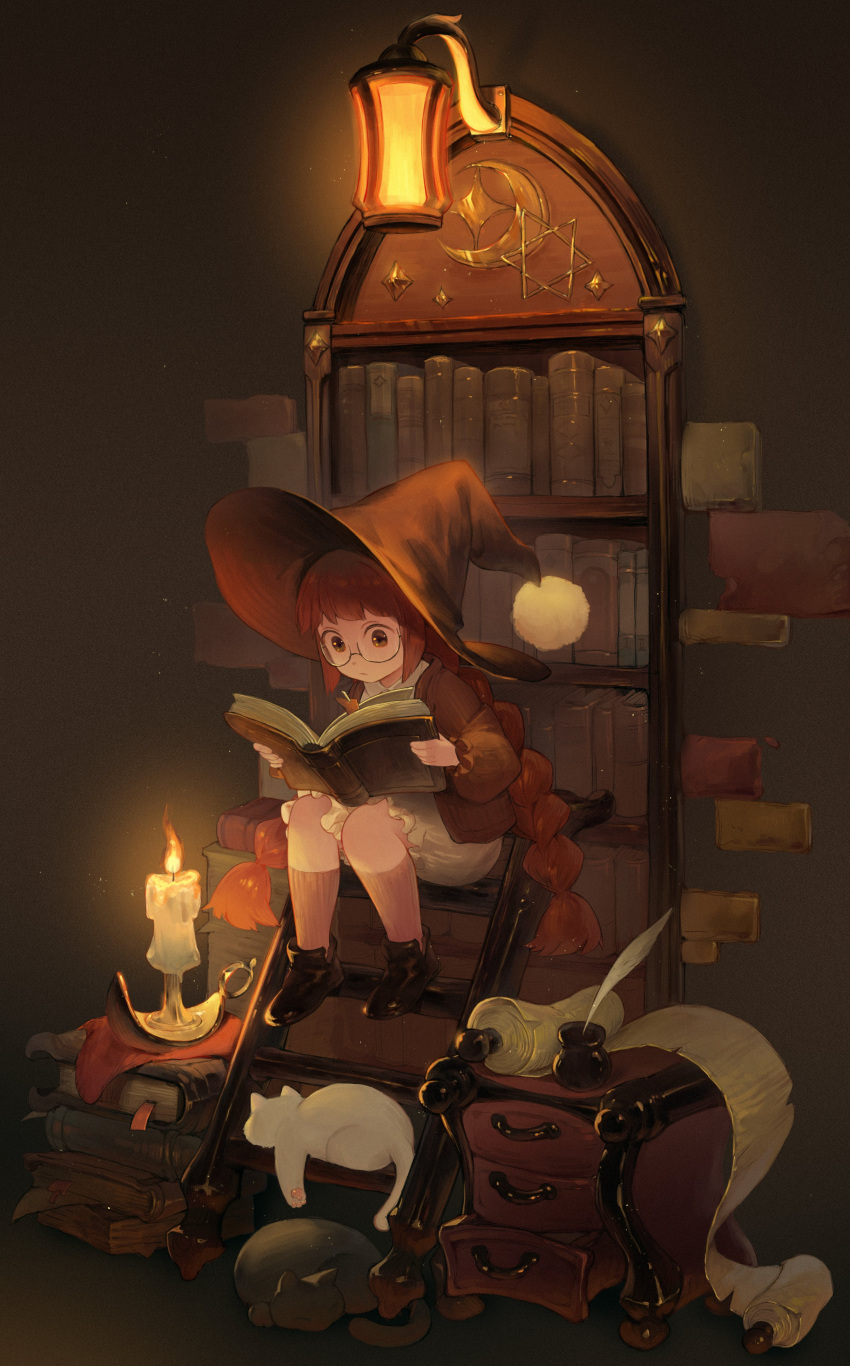1girl, absurdres, black_cat, bloomers, book, bookmark, bookshelf, boots, braid, brown_eyes, brown_footwear, brown_jacket, brown_socks, cabinet, candle, cat, closed_mouth, collared_shirt, glasses, hat, highres, holding, holding_book, inkwell, jacket, kneehighs, ladder, lamp, original, p_(pm_611a), quill, reading, redhead, scroll, shirt, sidelocks, sitting, sleeping, socks, solo, twin_braids, underwear, white_bloomers, white_cat, white_shirt, witch, witch_hat, wooden_ladder