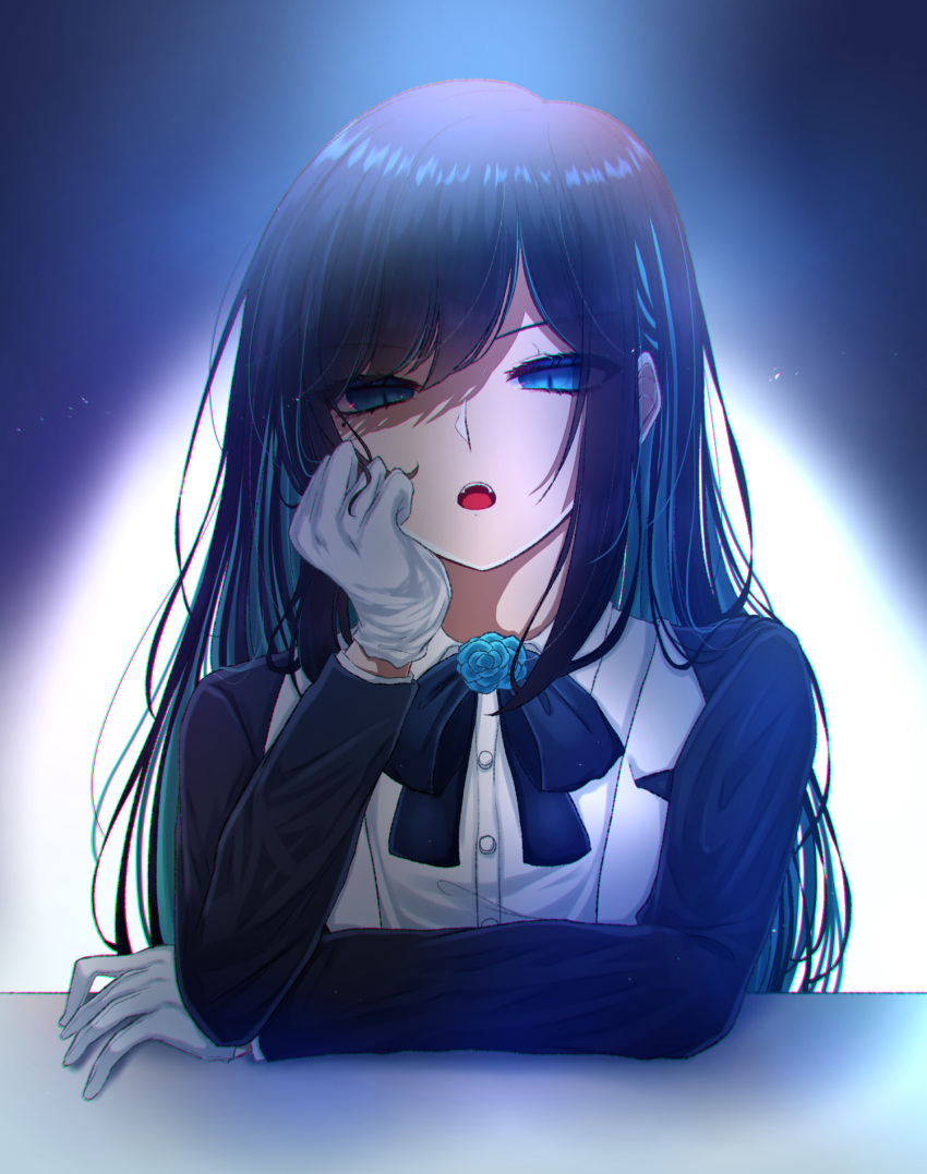 1girl, ado_(utaite), black_bow, black_bowtie, black_hair, black_jacket, blue_eyes, blue_flower