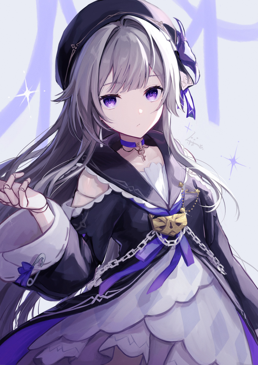 1girl, absurdres, black_dress, black_headwear, brown_hair, choker, closed_mouth, clothing_cutout