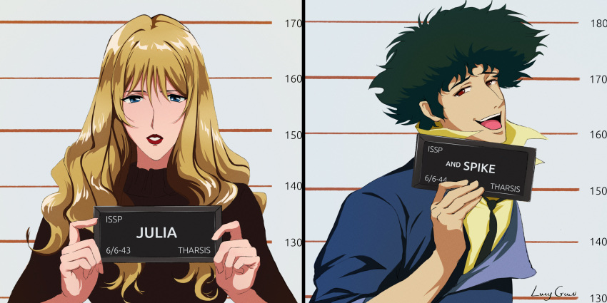 1boy, 1girl, barbie_(franchise), barbie_(live_action), barbie_mugshot_(meme), blonde_hair, blue_eyes, cowboy_bebop