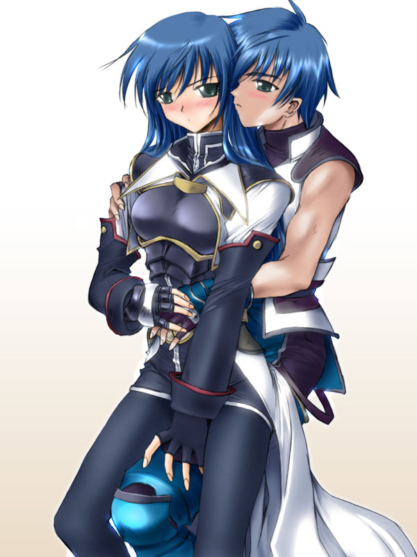 armor, blush, fayt, fayt_leingod, hug, long_hair, maria_traydor, pantyhose