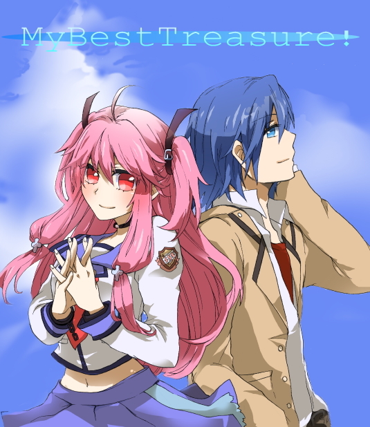 back-to-back, blue_eyes, blue_hair, hinata_(angel_beats!), long_hair, pink_hair, red_eyes, school_uniform