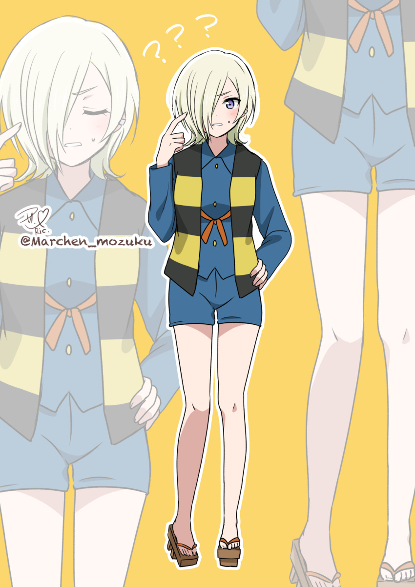 1girl, blonde_hair, blue_eyes, blue_shirt, blue_shorts, closed_eyes, cosplay, full_body