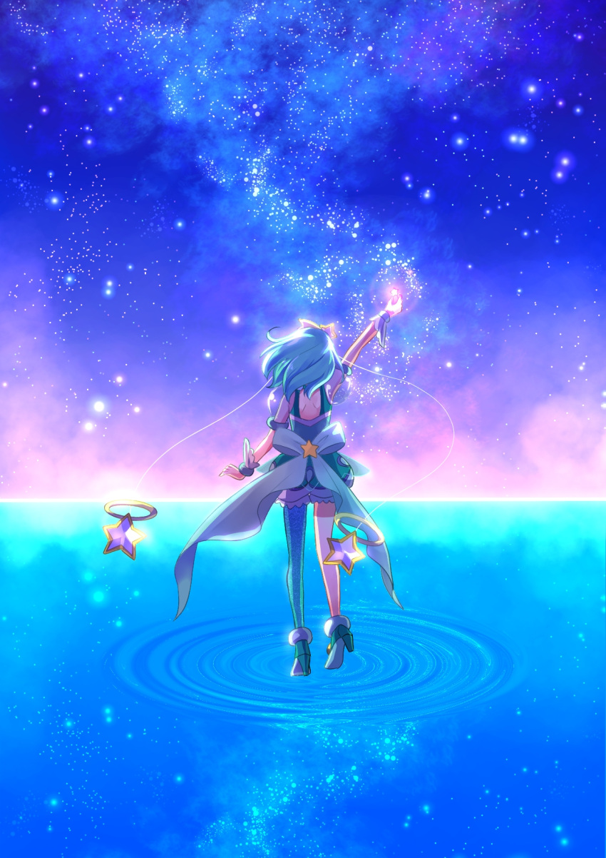 1girl, arm_up, blue_hair, blue_pantyhose, cure_milky, dress, floating_hair, from_behind